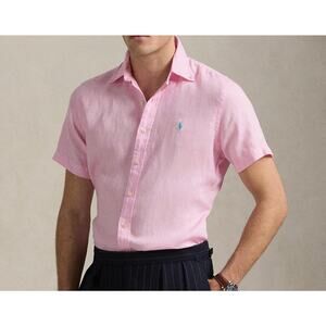Ralph Lauren Classic Fit Pink Linen Button down up short Sleeve dress shirt L